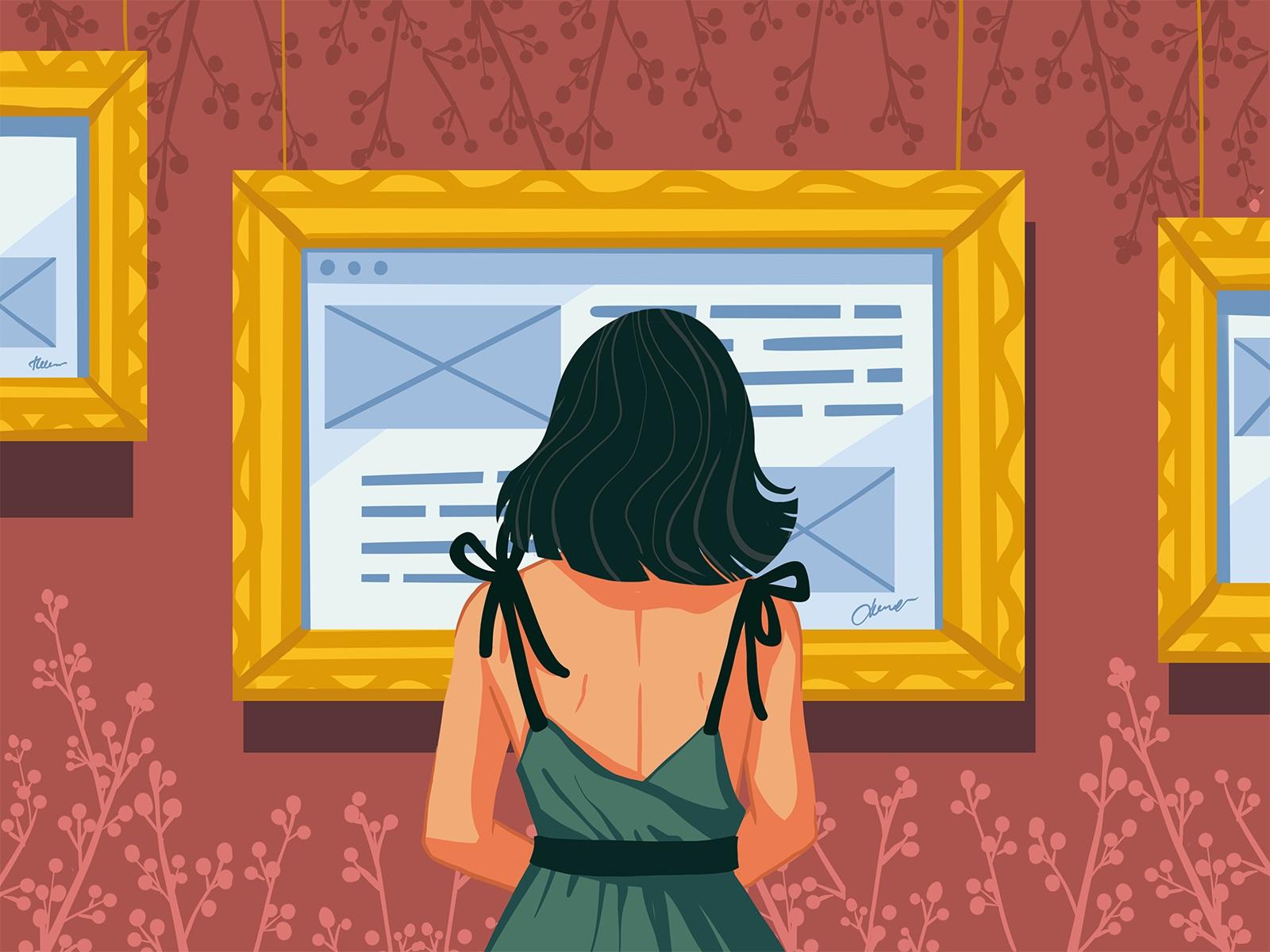 Estetik-kullanılabilirlik etkisini anlatan, 'Beauty for UX' ve 'Art of Design' metinlerini içeren sanatsal ve soyut bir dijital illüstrasyon.