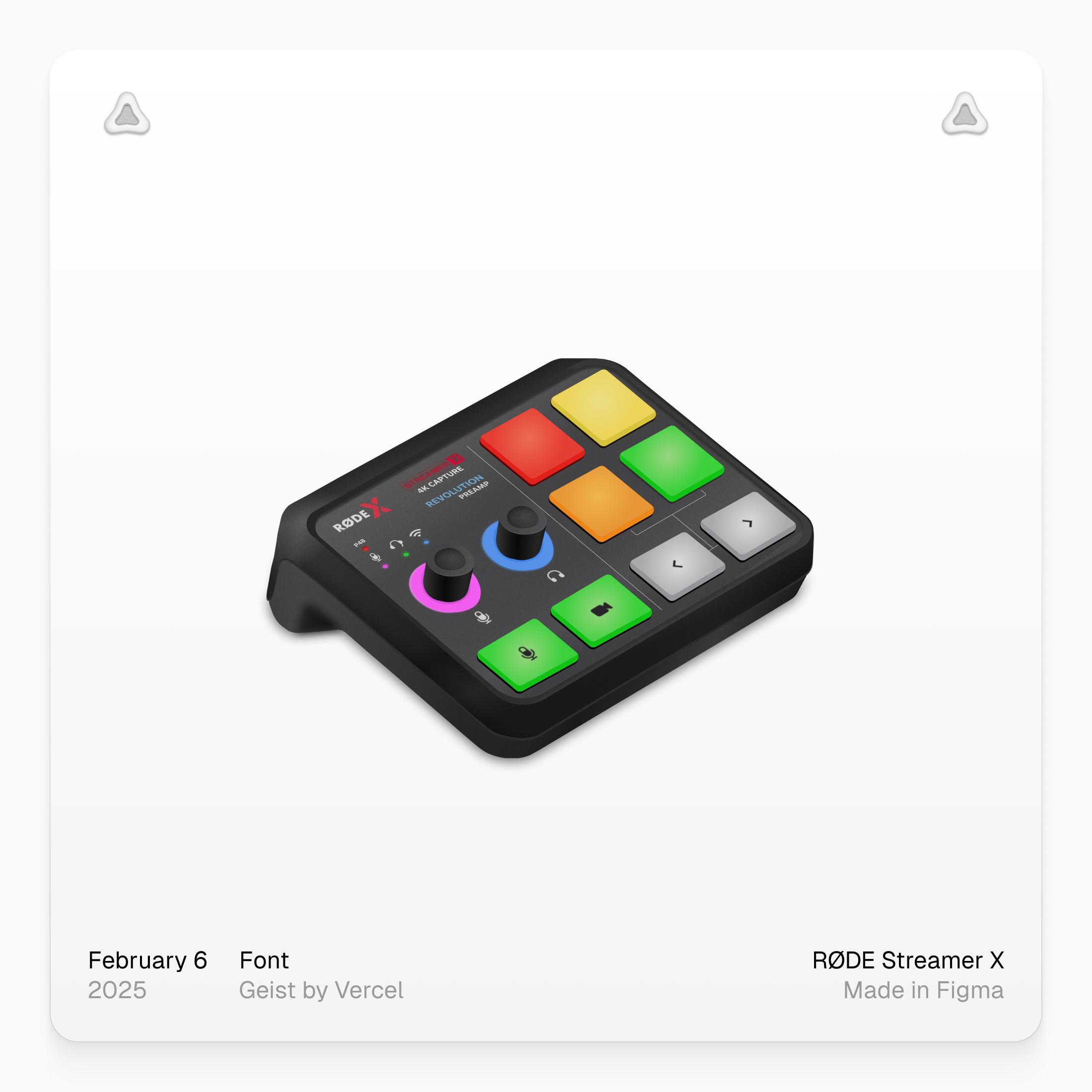 RØDE Streamer X: 3D drawing in Figma, featuring colorful buttons and text 'RØDE Streamer X' and 'Made in Figma'.