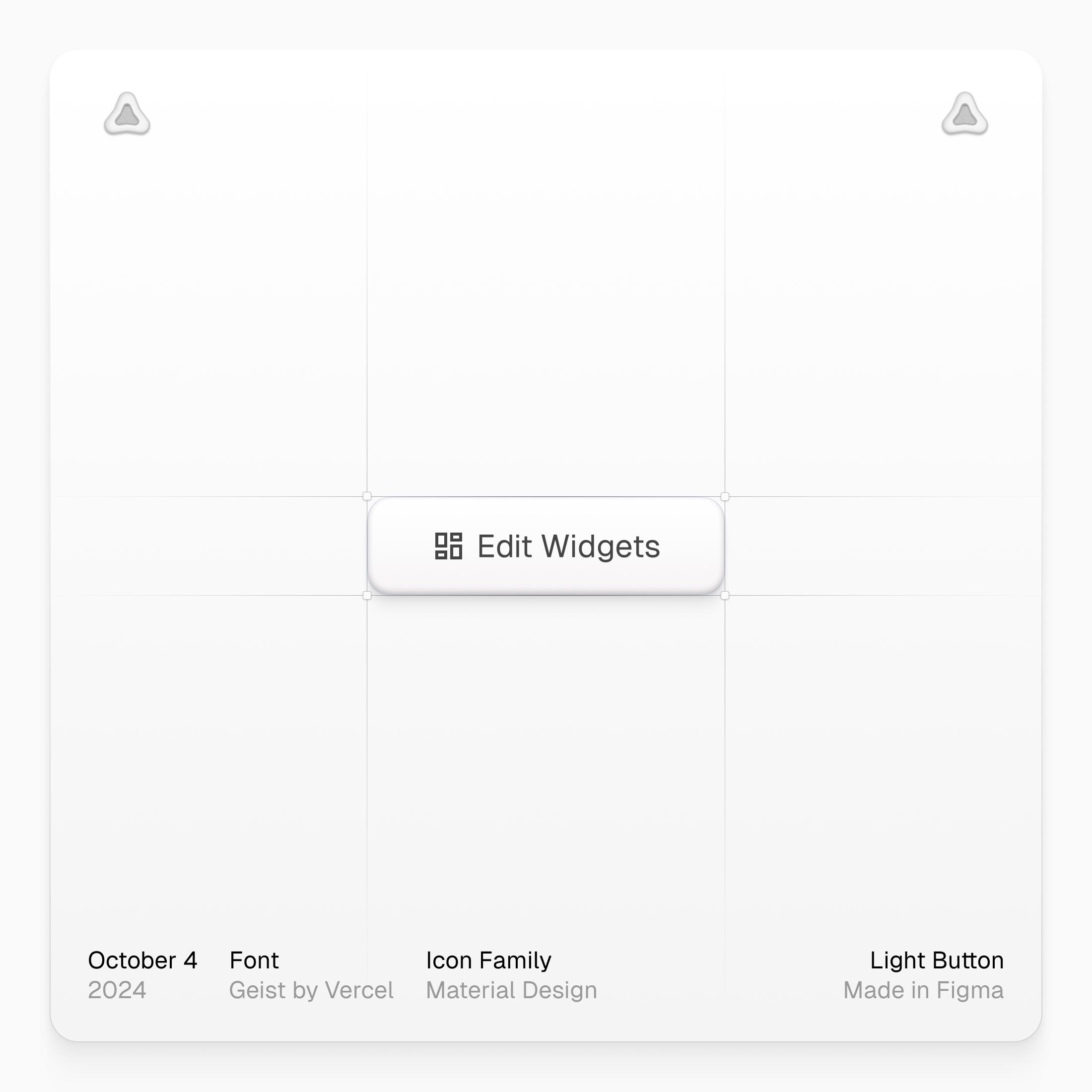 Light Button design in Figma: Edit Widgets, October 4 2024, Geist font, Material Design icon family.