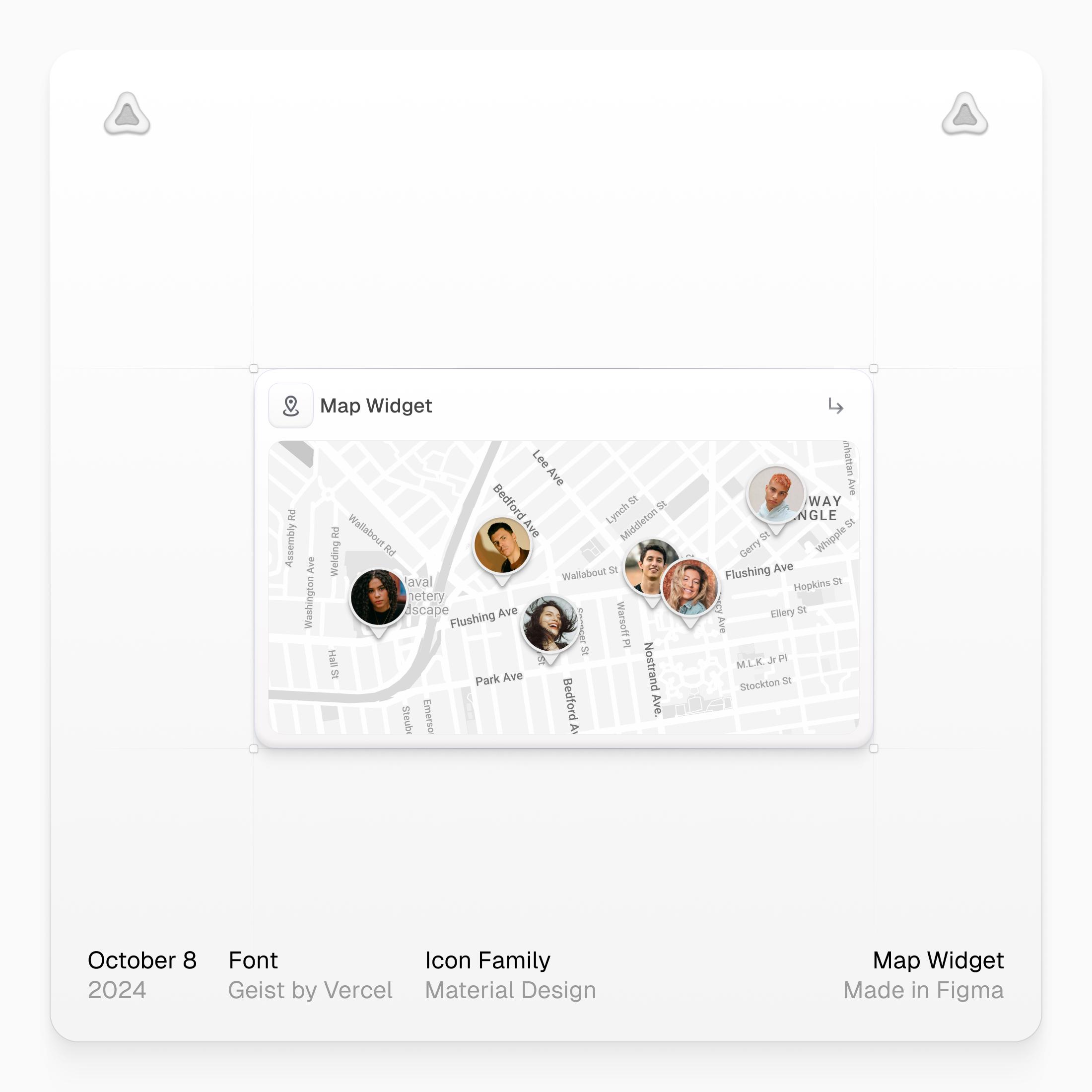 Map Widget design in Figma showing a street map with user avatars. Text includes: Flushing Ave, Bedford Ave.