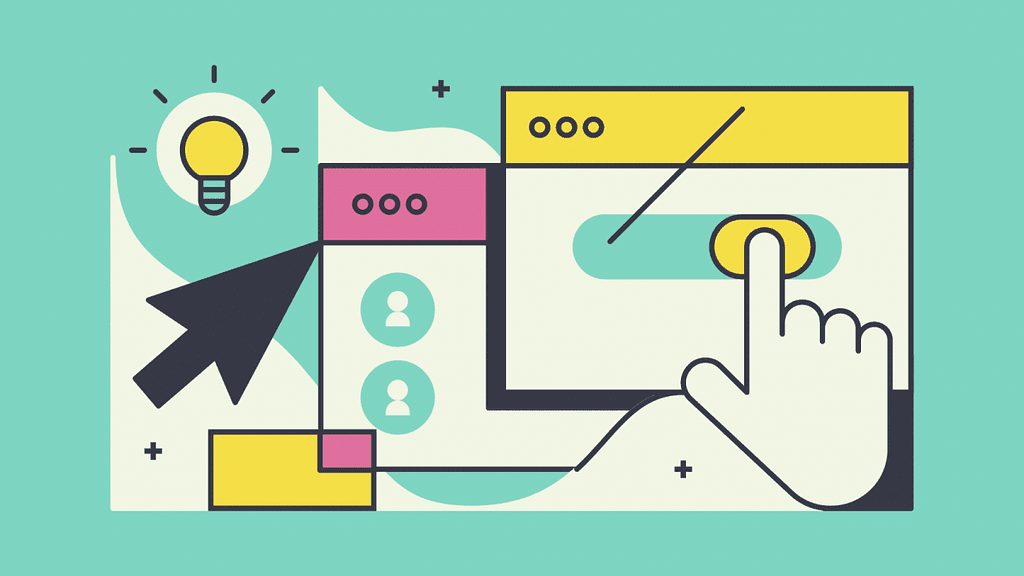 UI/UX design principles: Lightbulb, cursor, hand interacting with website elements.