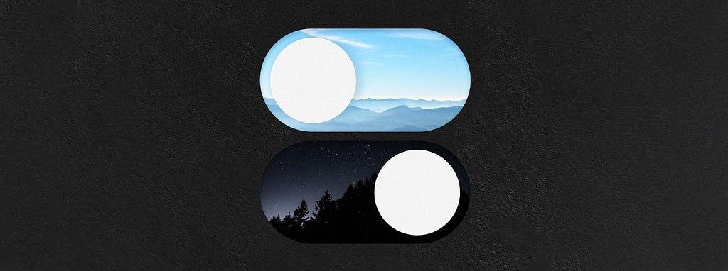 Dark/Light mode toggle switch illustration for UI/UX design blog post 'Karanlık Mod ve Aydınlık Mod'.