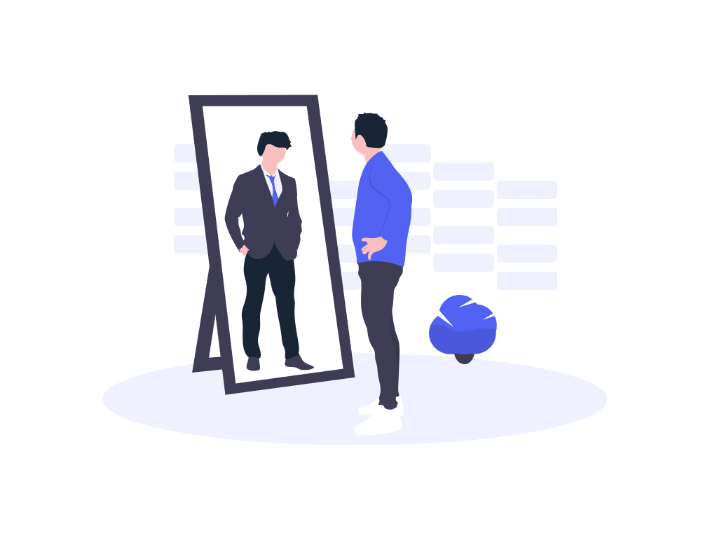 Man looking in mirror, reflecting a smartly dressed version. Blog post cover: Satın Alma Sonrası Pişmanlık: UI/UX'te Bilişsel Çelişkiyi Yönetme Sanatı