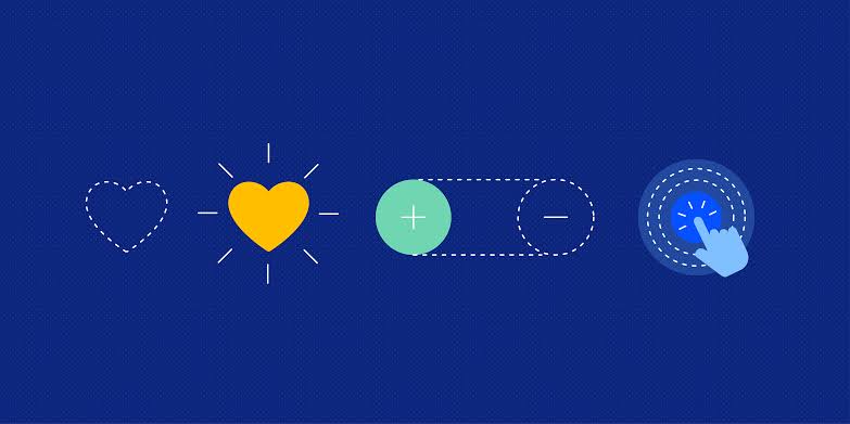 Mikro Etkileşimlerin Gücü cover: heart outline, glowing heart, plus/minus toggle, and a hand touching a button.