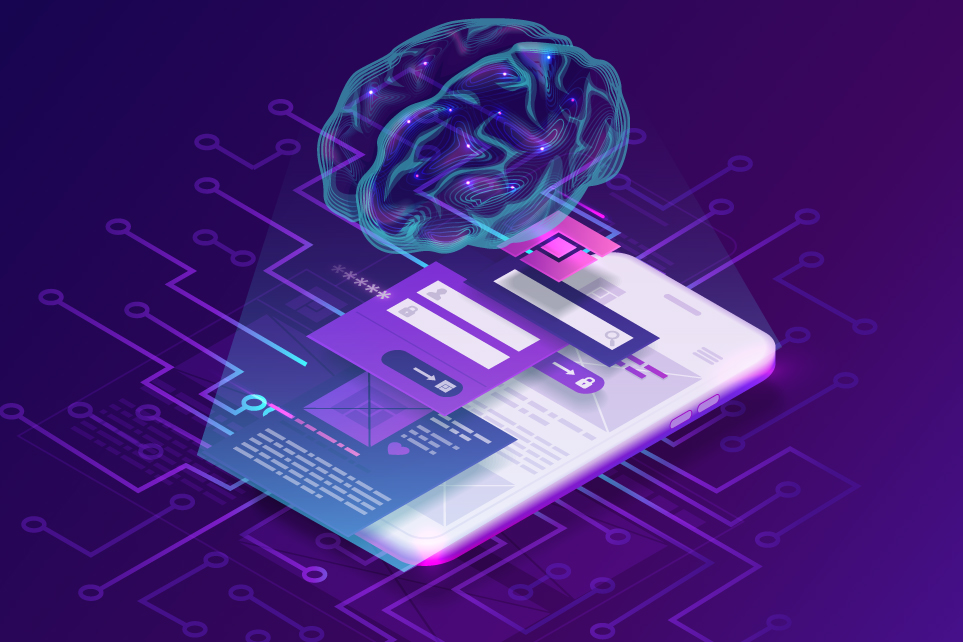 AI brain integrated with UI/UX design on a smartphone for