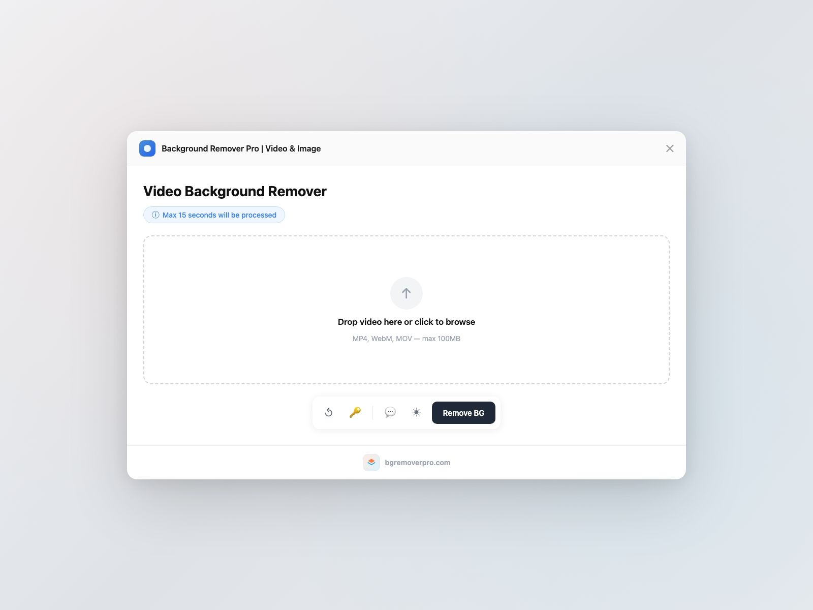Background Remover Pro in Figma: the video background remover, with a drop zone for clips up to 15 seconds.