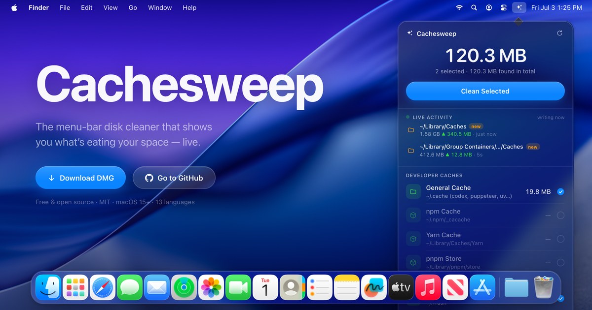 Cachesweep website: The menu-bar disk cleaner that shows what is eating your space.