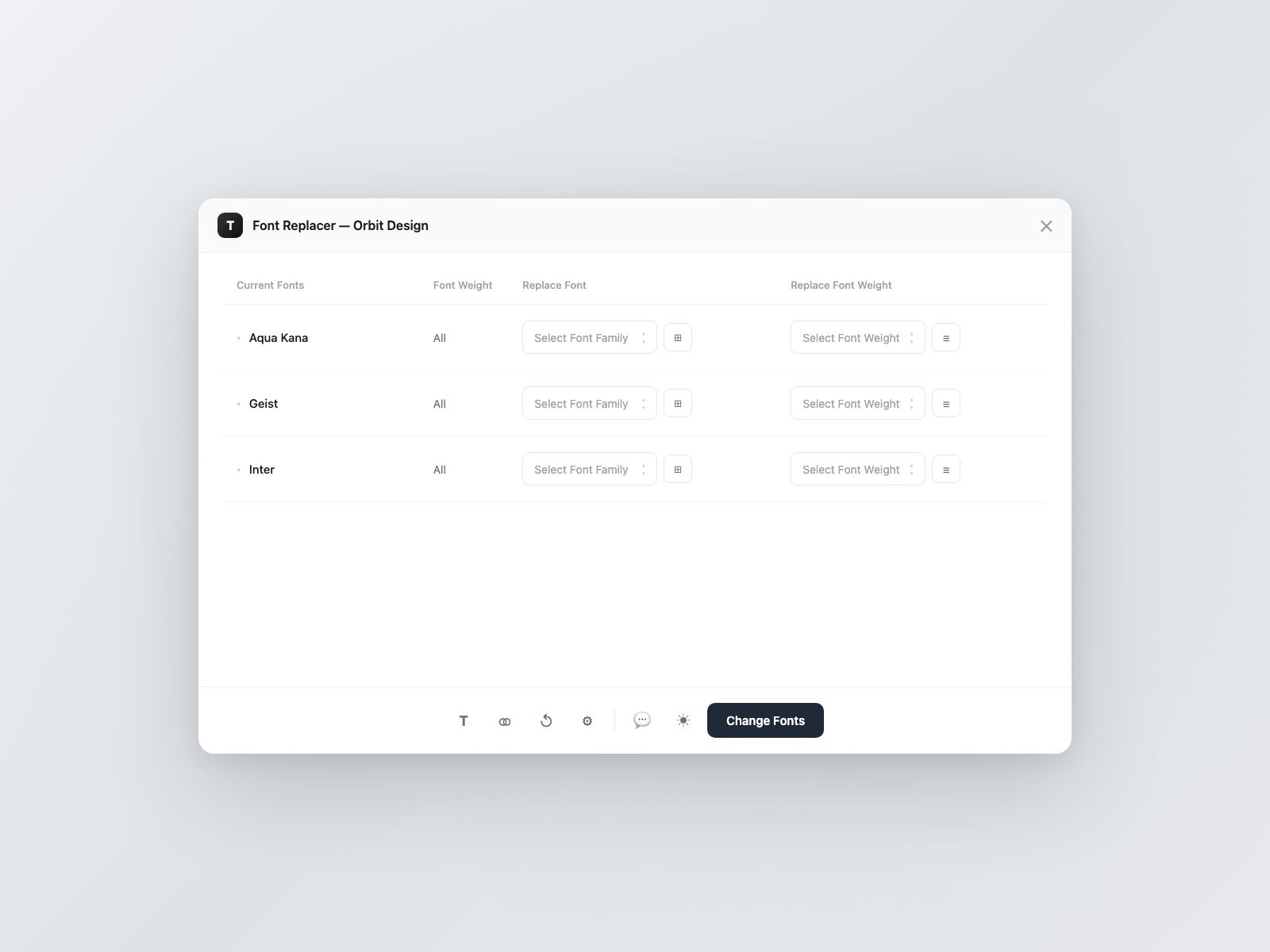 Font Replacer in Figma: the fonts in the file listed with a replacement family and weight for each.