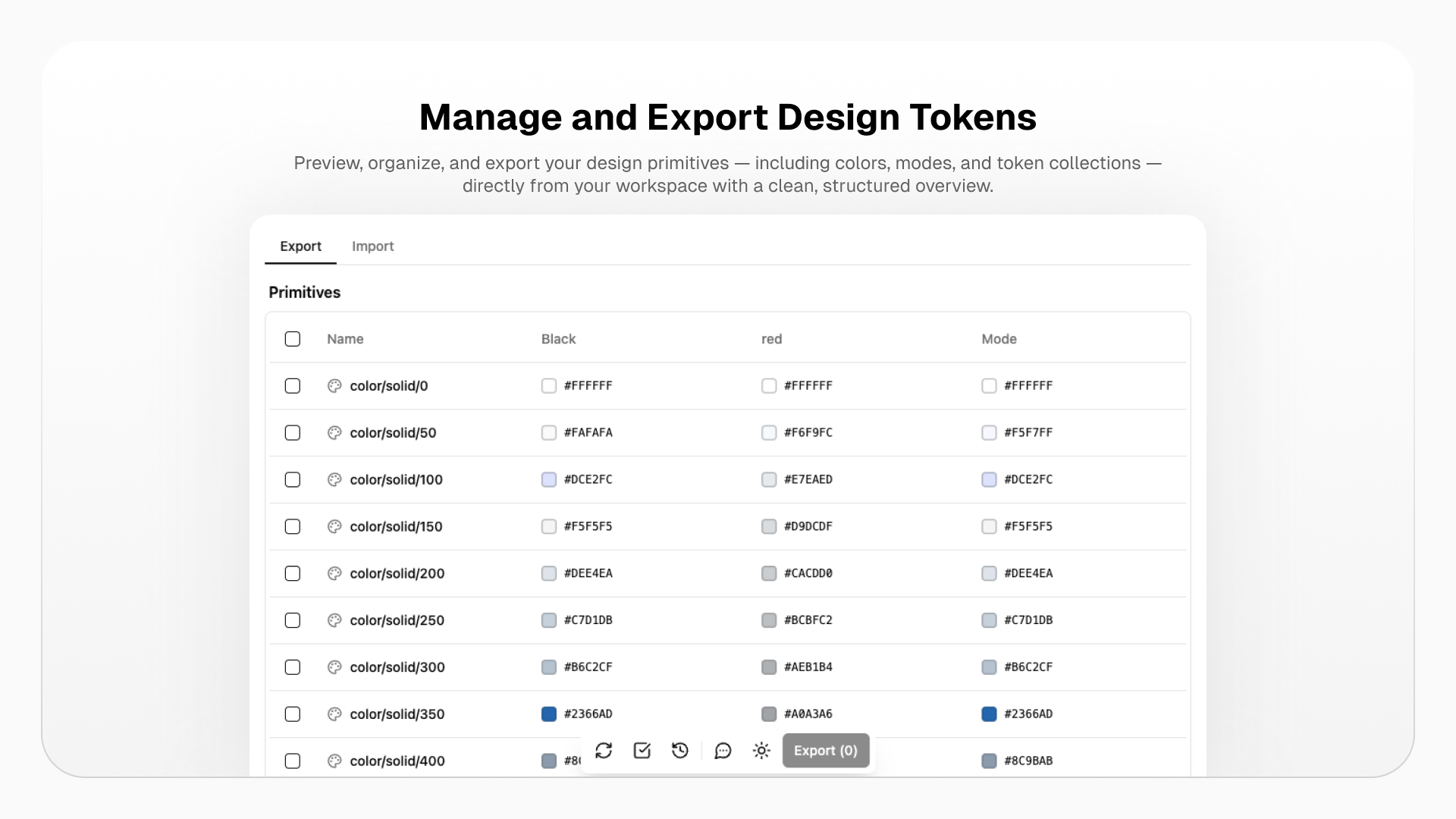 Variables Ultimate: a table of color primitives with their values in each mode, ready to export.